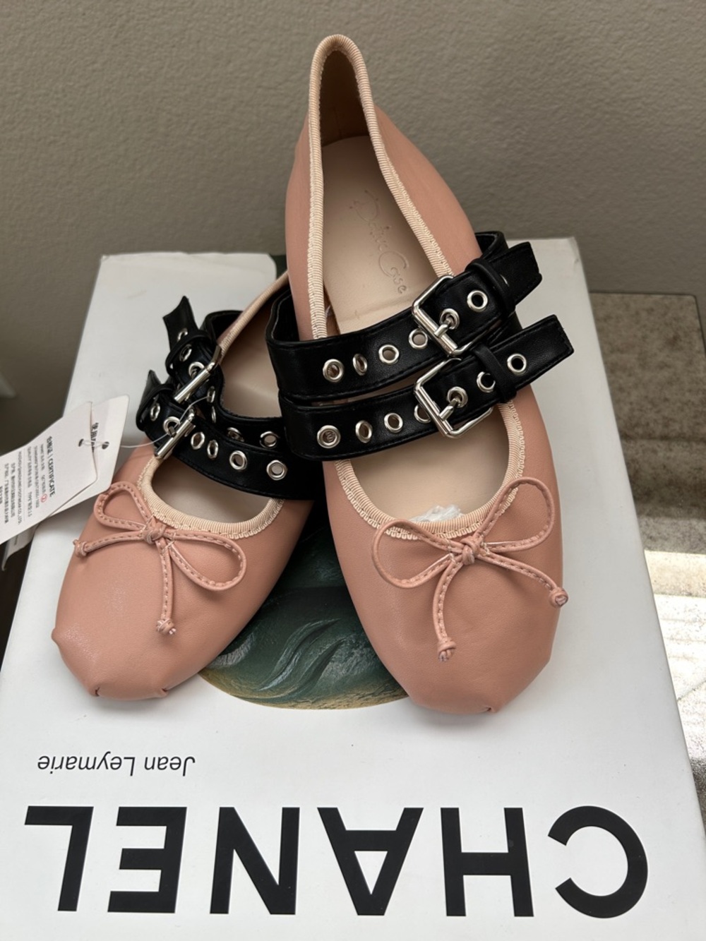 Pink Leather Ballet Flats with Double Black Buckle Straps - Picture 3 of 11